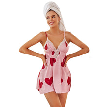 Load image into Gallery viewer, Heart Print Sleepwear Split Hem Nightdress Full Slip Lace Lounge Dress Womens Chemise Sexy Nighties