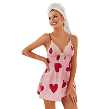 Load image into Gallery viewer, Heart Print Sleepwear Split Hem Nightdress Full Slip Lace Lounge Dress Womens Chemise Sexy Nighties