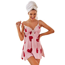 Load image into Gallery viewer, Heart Print Sleepwear Split Hem Nightdress Full Slip Lace Lounge Dress Womens Chemise Sexy Nighties