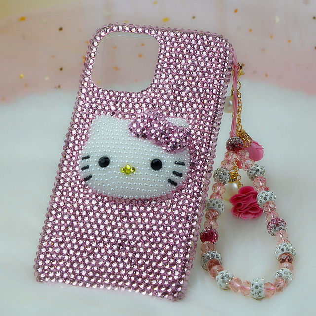 Hello Kitty Suitable for iPhone 11 12 13 Pro Max iPhone Xs Handmade Phone Case 8 plus Pink Rhinestone Cat Head