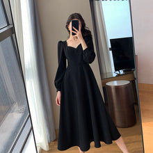 Load image into Gallery viewer, Hepburn Style Little Black Dress Female 2021 Spring and Autumn New Retro V-neck Long Over-the-knee Black Temperament Dress Long
