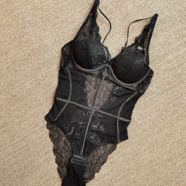 High Cut Sexy Body Women Lingerie Thin-Padded Bodysuit Strappy Cup Underwire Bra and Brief Set Hollow Out Back Underwear