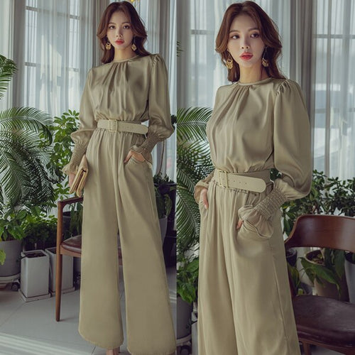 High Quality 2021 Spring Elegant Vintage Women O-Neck Wide Leg Jumpsuits High Waist Casual Slim Work Wear Rompers With Belt