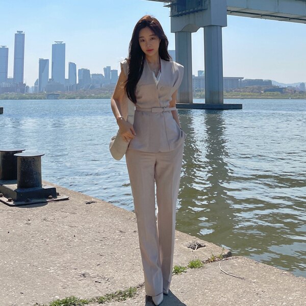 High Quality 2021 Summer 2 Piece Set Elegant Office Lady Sleeveless Slim Blouse And OL Work Long Pants Suit Female