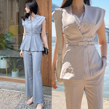 Load image into Gallery viewer, High Quality 2021 Summer 2 Piece Set Elegant Office Lady Sleeveless Slim Blouse And OL Work Long Pants Suit Female