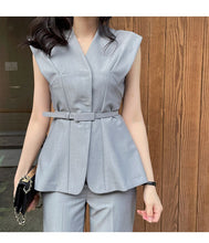 Load image into Gallery viewer, High Quality 2021 Summer 2 Piece Set Elegant Office Lady Sleeveless Slim Blouse And OL Work Long Pants Suit Female