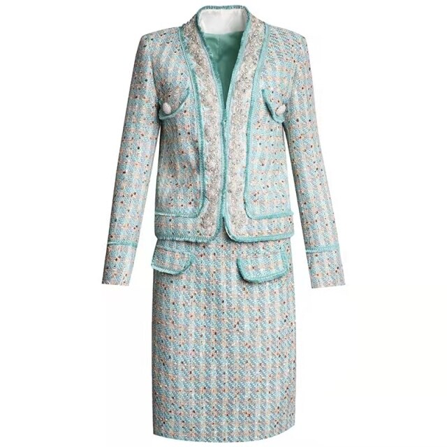 High Quality French Tweed Suits Women's Autumn New Temperament Beading Jacket Coat + Mini Skirt Sequins Two Piece Set