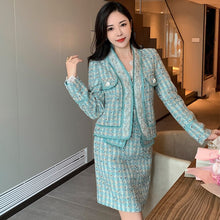 Load image into Gallery viewer, High Quality French Tweed Suits Women&#39;s Autumn New Temperament Beading Jacket Coat + Mini Skirt Sequins Two Piece Set