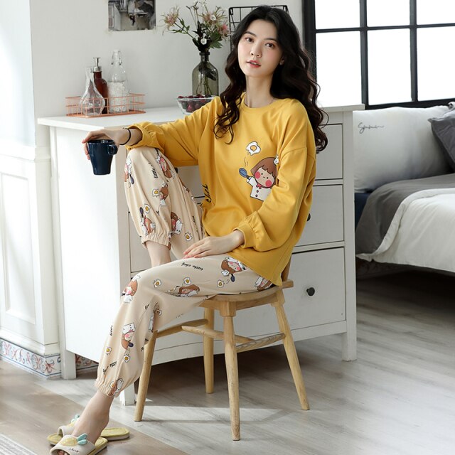High Quality Pajama Sets Women Cartoon Printed Sleepwear Womens Leisure Soft Comfortable Korean Style Daily Elegant Student