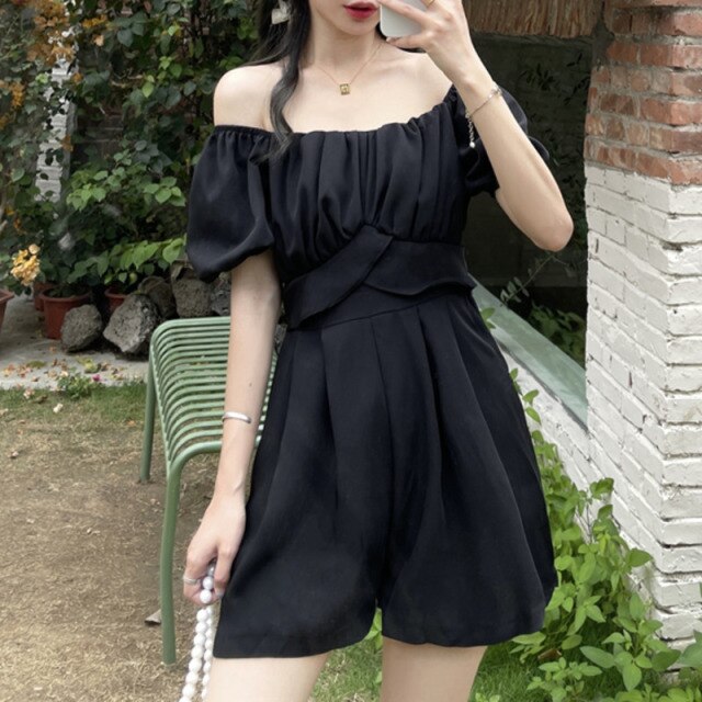 High Quality Puff Sleeve Design Pleated Bandage Slim Waist Wide-leg Shorts Jumpsuit Solid Casual Fashion Playsuits Female Romper