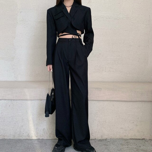High Quality  Spring Trousers 2 Piece Set Womens  Sexy Crop Top Lace Up Short Coat + High Waist Wide Pants Suits Set