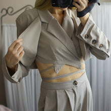 Load image into Gallery viewer, High Quality  Spring Trousers 2 Piece Set Womens  Sexy Crop Top Lace Up Short Coat + High Waist Wide Pants Suits Set