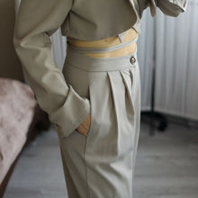 Load image into Gallery viewer, High Quality  Spring Trousers 2 Piece Set Womens  Sexy Crop Top Lace Up Short Coat + High Waist Wide Pants Suits Set