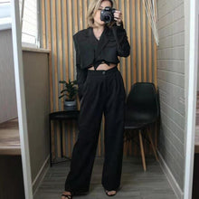 Load image into Gallery viewer, High Quality  Spring Trousers 2 Piece Set Womens  Sexy Crop Top Lace Up Short Coat + High Waist Wide Pants Suits Set