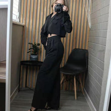 Load image into Gallery viewer, High Quality  Spring Trousers 2 Piece Set Womens  Sexy Crop Top Lace Up Short Coat + High Waist Wide Pants Suits Set