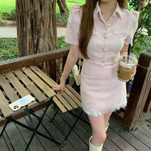 Load image into Gallery viewer, High Quality Summer Streetwear Tweed Two Piece Set Women Single Breasted Crop Top Jacket Coat + High Waist Tassel Skirt Suits