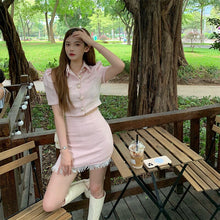 Load image into Gallery viewer, High Quality Summer Streetwear Tweed Two Piece Set Women Single Breasted Crop Top Jacket Coat + High Waist Tassel Skirt Suits