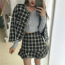 Load image into Gallery viewer, High Quality   Tweed Skirt Set Autumn Winter Runway Woolen Women 2 Piece Set Plaid Jacket Coat + Mermaid Mini Skirt Suits