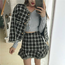 Load image into Gallery viewer, High Quality   Tweed Skirt Set Autumn Winter Runway Woolen Women 2 Piece Set Plaid Jacket Coat + Mermaid Mini Skirt Suits