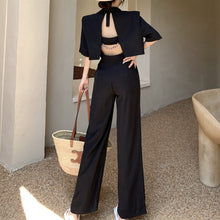 Load image into Gallery viewer, High Quality Two Piece Set Women Crop Top Short Sleeve Coat + Wide Leg Pants Suit Sets Streetwear 2 Piece Sets Womens Outfits