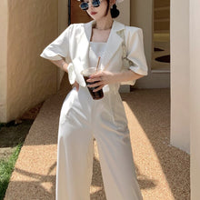Load image into Gallery viewer, High Quality Two Piece Set Women Crop Top Short Sleeve Coat + Wide Leg Pants Suit Sets Streetwear 2 Piece Sets Womens Outfits