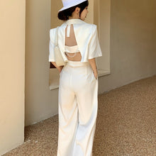 Load image into Gallery viewer, High Quality Two Piece Set Women Crop Top Short Sleeve Coat + Wide Leg Pants Suit Sets Streetwear 2 Piece Sets Womens Outfits