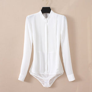 High Quality Women Chiffon Blouse Front Pleated Long Sleeve Bodysuit Office Ladies Shirts with Panties Solid Color Black Beige