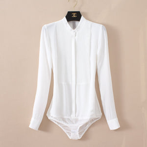 High Quality Women Chiffon Blouse Front Pleated Long Sleeve Bodysuit Office Ladies Shirts with Panties Solid Color Black Beige