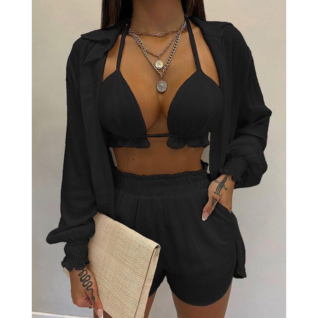 High Waist Bikini Set Print Women's Swimsuit Three Pieces Swimwear Sexy Beachwear 2023 New Bathing Suit Shorts Cover Up Summer