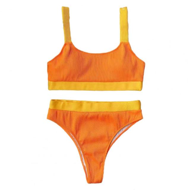 High Waist Bikinis 2021 Swimsuits Bandeau Swimwear Women Splicing Biquini Beachwear Sports Ribbed Bathing Suits New купальник