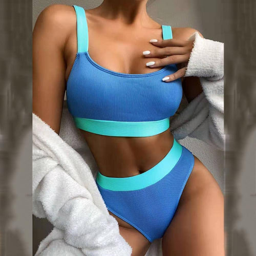 High Waist Bikinis 2021 Swimsuits Bandeau Swimwear Women Splicing Biquini Beachwear Sports Ribbed Bathing Suits New купальник