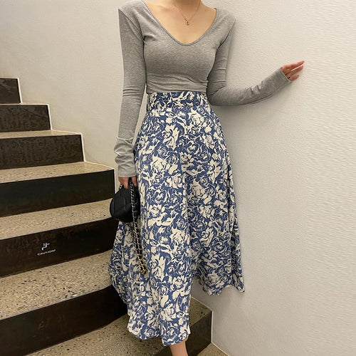 High Waist Long Floral Skirts Women Spring Autumn 2022 New Elegant Vintage Sweet Faldas Mujer Korean Style Chic All Match Jupe