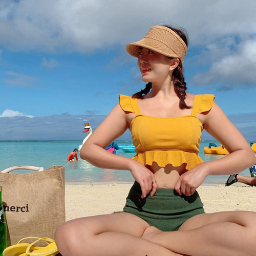 High Waist Women's Bikini Set Padded Ruffle Biquini Suit Two Pieces Swimwear Swimsuit High Quality Beach Suit 2020 Koren Design