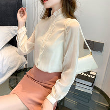 Load image into Gallery viewer, High-end Autumn Women Blouse Shirt Fashion Stand Collar Long Sleeve Office Lady White Chiffon Shirt Elegant Slim Clothing