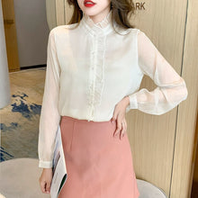 Load image into Gallery viewer, High-end Autumn Women Blouse Shirt Fashion Stand Collar Long Sleeve Office Lady White Chiffon Shirt Elegant Slim Clothing
