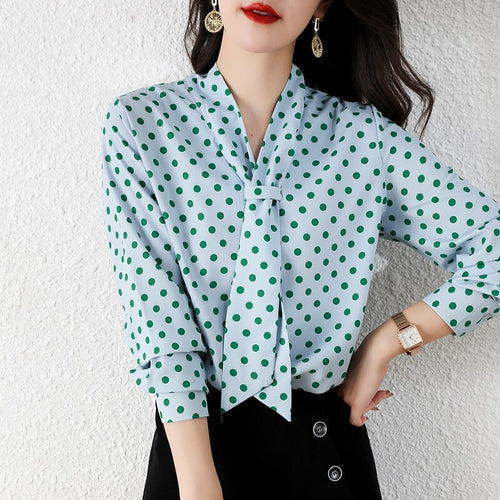 High-end Autumn Women Chiffon Blouse Fashion Polka Dot Long Sleeves Bow Loose Office Lady Shirt Elegant Slim Clothing