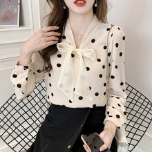 Load image into Gallery viewer, High-end Polka-dot Shirt Women&#39;s Autumn 2021 New Korean Version Long Sleeved Bow Chiffon Blouse Elegant Slim Office Lady Tops