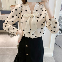 Load image into Gallery viewer, High-end Polka-dot Shirt Women&#39;s Autumn 2021 New Korean Version Long Sleeved Bow Chiffon Blouse Elegant Slim Office Lady Tops