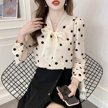 Load image into Gallery viewer, High-end Polka-dot Shirt Women&#39;s Autumn 2021 New Korean Version Long Sleeved Bow Chiffon Blouse Elegant Slim Office Lady Tops