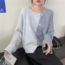 Load image into Gallery viewer, Hit Color Patchwork Knitted Cardigan Women 2021 Autumn Chic Loose All-match Tops Irregular Single Breasted Sweater Coat Female