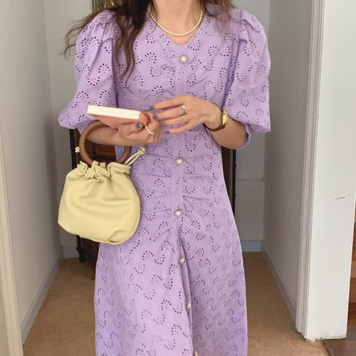 Holiday Hook Flowers Hollow Out Slim Sweet Dress 2021 Summer Chic Women All Match Long Vestido De Mujer Korean Fashion Sundress