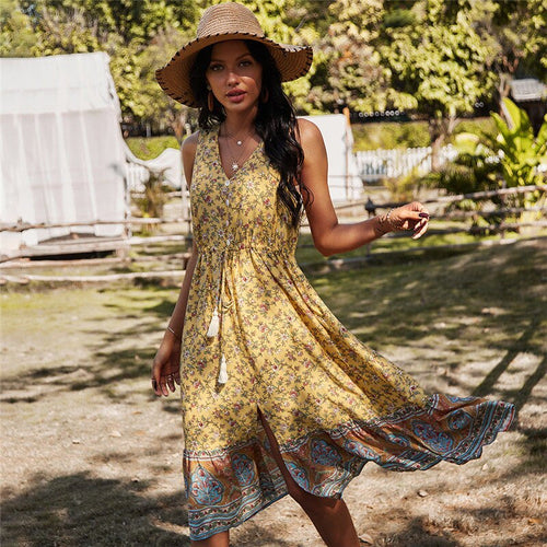 Holiday Style Sleeveless Print Dress Women Casual High Waist V Neck Tassel Spring Summer Dress For Women New