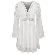 Load image into Gallery viewer, Hollow Out Sexy Women Dresses Mini Chiffon Dress Criss Cross Semi-sheer Plunge V-Neck Long Sleeve Crochet Lace Dress Clothing