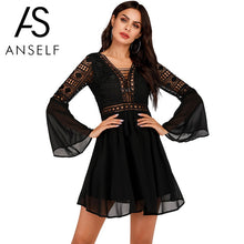 Load image into Gallery viewer, Hollow Out Sexy Women Dresses Mini Chiffon Dress Criss Cross Semi-sheer Plunge V-Neck Long Sleeve Crochet Lace Dress Clothing