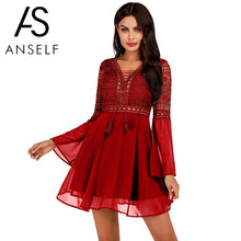 Load image into Gallery viewer, Hollow Out Sexy Women Dresses Mini Chiffon Dress Criss Cross Semi-sheer Plunge V-Neck Long Sleeve Crochet Lace Dress Clothing