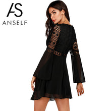 Load image into Gallery viewer, Hollow Out Sexy Women Dresses Mini Chiffon Dress Criss Cross Semi-sheer Plunge V-Neck Long Sleeve Crochet Lace Dress Clothing