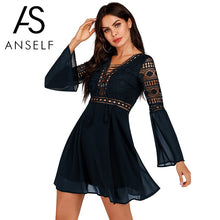 Load image into Gallery viewer, Hollow Out Sexy Women Dresses Mini Chiffon Dress Criss Cross Semi-sheer Plunge V-Neck Long Sleeve Crochet Lace Dress Clothing