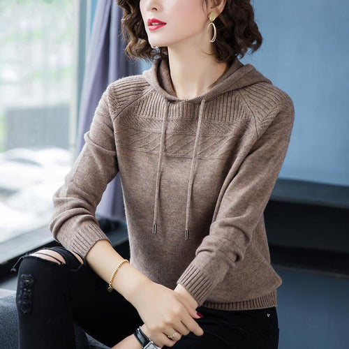 Hooded Sweaters For Women Slim Knitted Solid Plicated Stripe Pullovers Large Size Casual Harajuku Knitwear Sweatshirts Femme