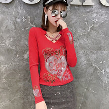 Load image into Gallery viewer, Hot Drilling Women&#39;s T-Shirt New 2021 Autumn Long Sleeve V-Neck Mesh Tops Elegant Slim Ladys Blusas Clothing