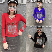 Load image into Gallery viewer, Hot Drilling Women&#39;s T-Shirt New 2021 Autumn Long Sleeve V-Neck Mesh Tops Elegant Slim Ladys Blusas Clothing